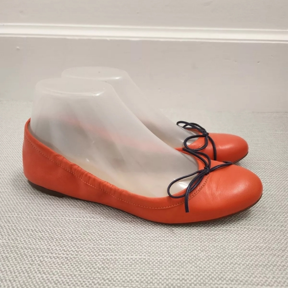 J Crew Emma size 6 Orange Leather Ballet Flats Blue Bow A0595